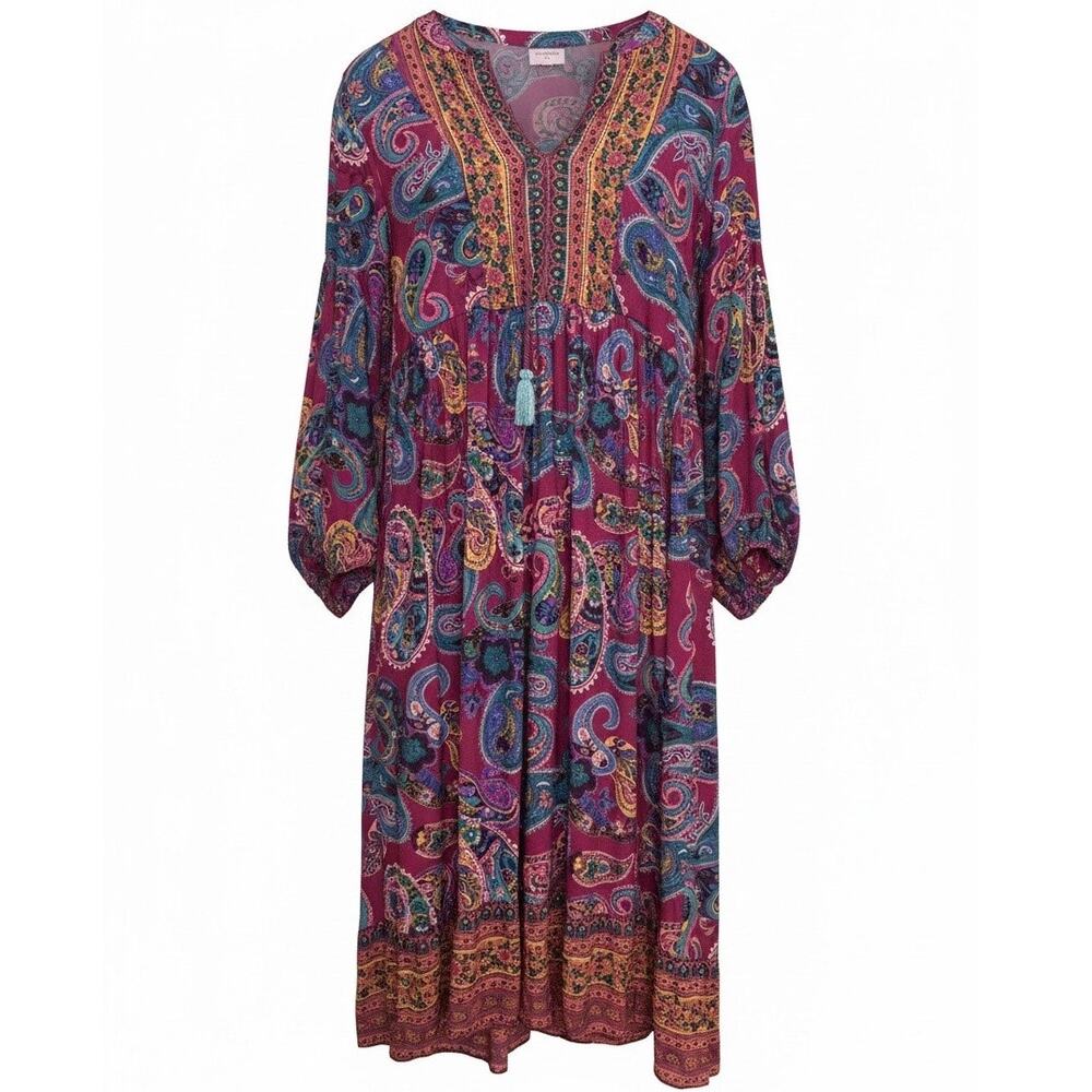 World Market Boho Paisley Midi Dress Magenta Embroidered Tassel Balloon Sleeve